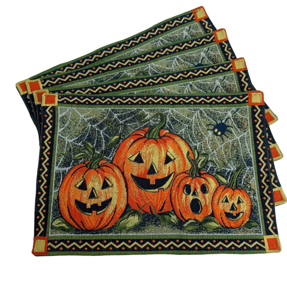Vintage Halloween Pumpkin Jack-O-Lantern Tapestry Placemats Set of 4 Spiderweb
